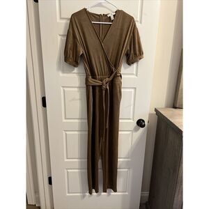 Halston Womens Sepia Jumpsuit Brown‎ Stretch V Neck Short Sleeve Tie Snap XS